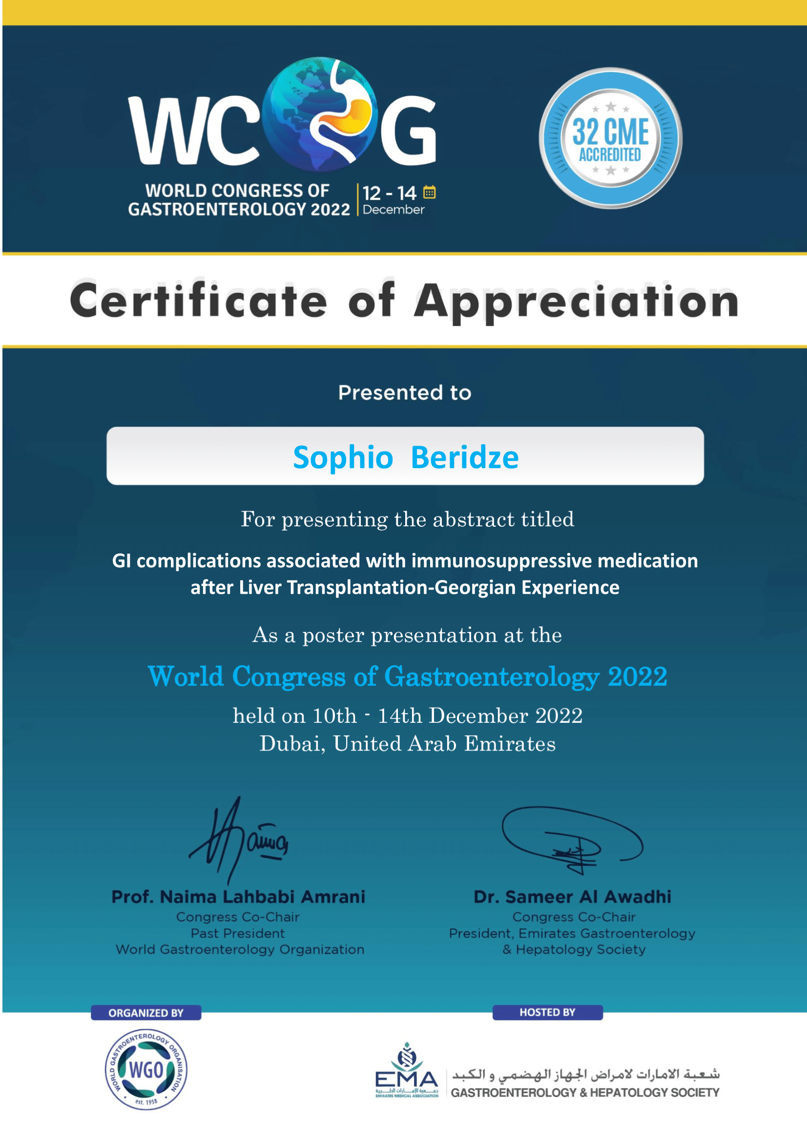შპს ავიცენა - ბათუმის სამედიცინო უნივერსიტეტის რექტორის, პროფესორ სოფიო ბერიძის აბსტრაქტის წარდგენა 2022 წლის მსოფლიო გასტროენტეროლოგთა კონგრესზე